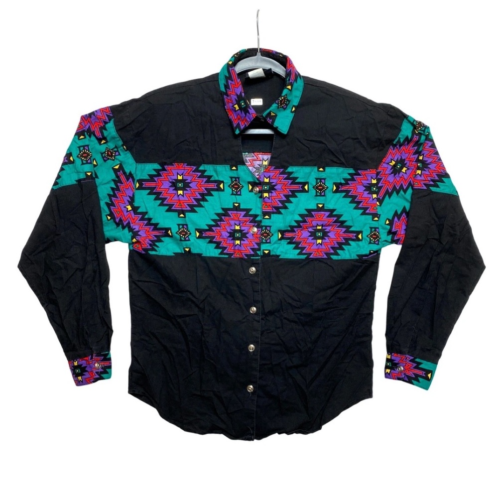 VINTAGE Roughrider by Circle T Western Shirt Womens S Black Long Sleeve Aztec